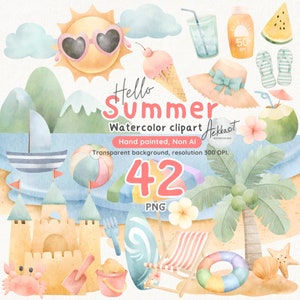 水彩画のビーチ PNG グラフィック、夏のクリップアート、ビーチをテーマにしたデザイン、季節の水彩画のクリップアート、夏のバンドル