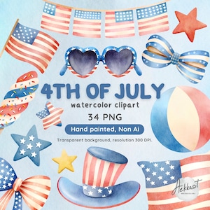 4th of July Watercolor Clip Art - Patriotic Independence Day Graphics | Digital Download for Celebrations
