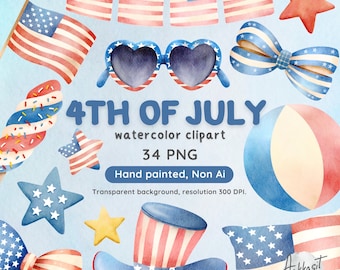 4th of July Watercolor Clip Art - Patriotic Independence Day Graphics | Digital Download for Celebrations
