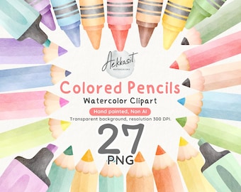 Watercolor Colored Pencils Clipart: School Art Supplies (Digital Download)