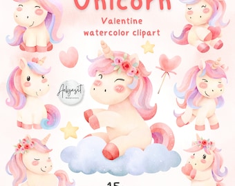 Watercolor Unicorn Clipart, Baby Unicorn PNG, Valentine Designs (Digital Download)
