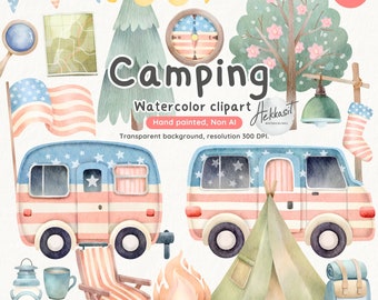 4th of July Camper PNG: Watercolor Camping Clipart Set (Digital Download)