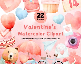 Clipart acquerello di San Valentino: 22 file PNG, uso commerciale
