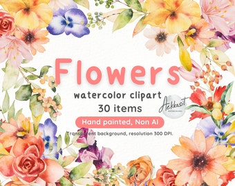 Clipart de flores silvestres en acuarela: 30 elementos florales PNG (descarga digital)