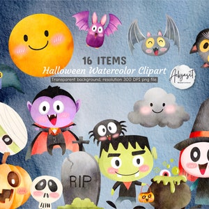 Straszny zestaw akwareli Halloween | Clipart dyni | Duch Png | Nietoperz Png | Clipart czarownicy | Wampir Png | Słodkie cyfrowe pobieranie PNG