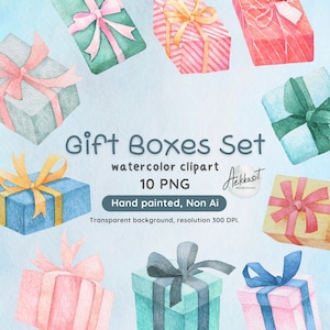 Watercolor Clipart Gift Boxes | Christmas Gift Boxes Clipart | Digital Paper Crafting | Festival Holiday | Watercolor Gift Boxes Graphic