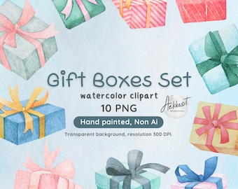 Watercolor Gift Boxes Clipart: Christmas Holiday Graphics (10 PNG)