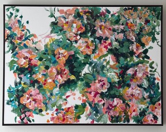 Framed Floral Garden Painting, Original Acrylic on Canvas (30x40)