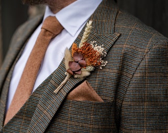 Dried Flower Autumnal Buttonhole | Corsage | Wedding Flowers | Boutonnière | Everlasting Flowers | Rustic | Boho | Burnt Orange | Brown