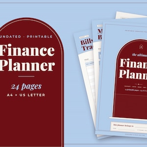 Pode incluir: Um conjunto de planejador financeiro imprimível com uma capa arqueada vermelho-escura e texto branco lendo Finance Planner, 24 pages, A4 + US Letter. O conjunto inclui várias páginas com fundos azul-claros e seções brancas para contas.