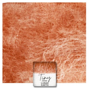 May include: A close-up of a small, square, orange-brown watercolor paint pan. The pan is labeled "Tiny Lunar Earth".