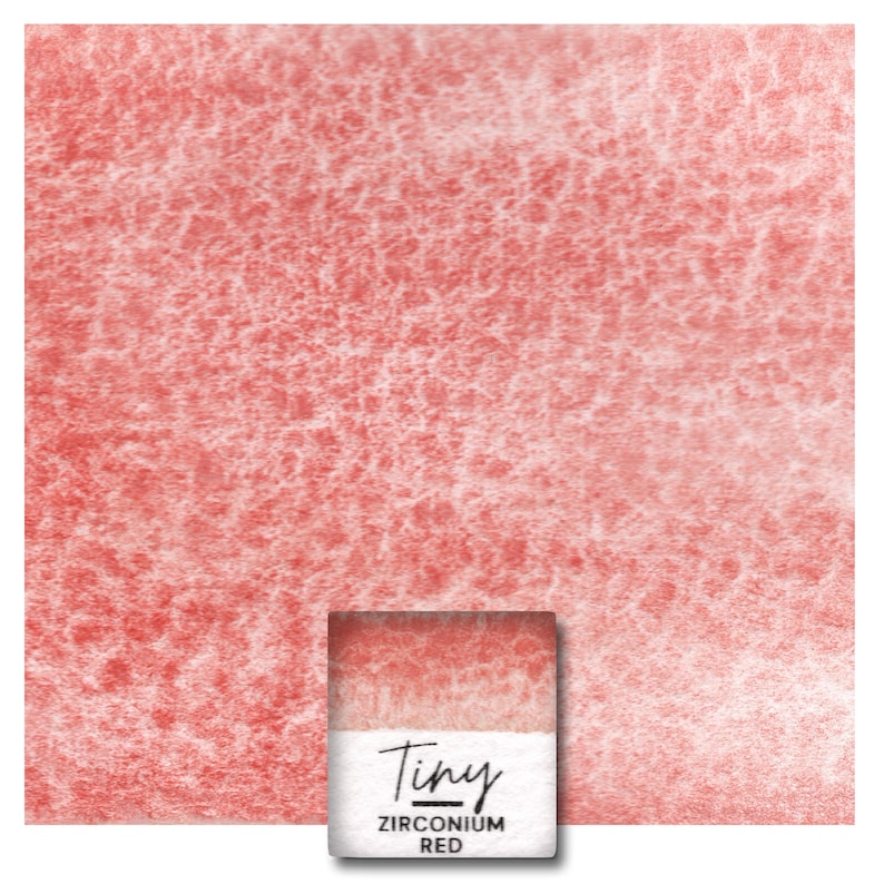 May include: A close-up of a red watercolour wash with a white background. The wash is textured and has a mottled appearance. A small square label with the text "Tiny Zirconium Red" is in the lower right corner of the image.