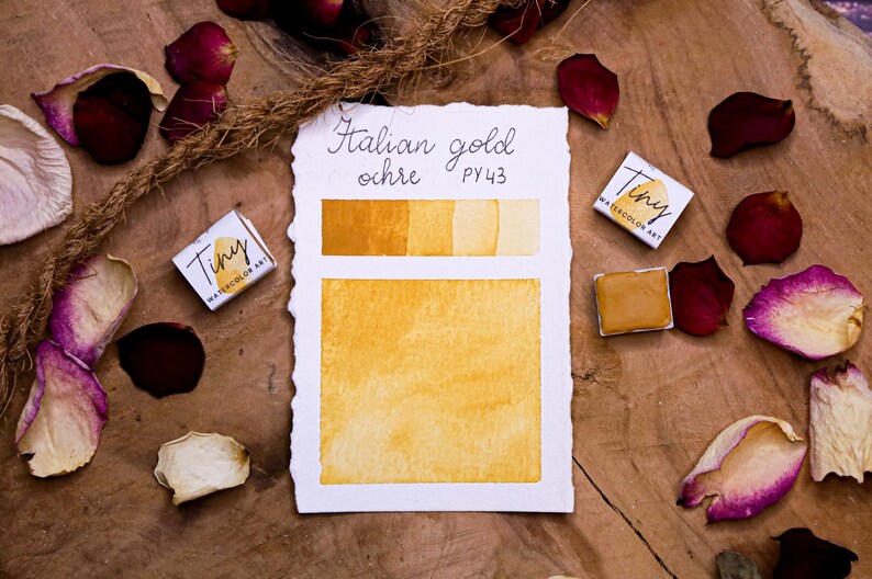 May include: Watercolor art supplies featuring a palette of Italian gold ochre (PY43) shades. The image shows a watercolor swatch, a small watercolor pan, and a Tiny Watercolor Art box. Rose petals and a twine accent the wooden surface.