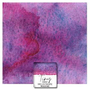 Op de afbeelding: Een vierkant staal van aquarelpapier met een mix van levendige magenta en diepblauwe pigmenten met een getextureerde, gevlekte afwerking. Een klein wit label aan de onderkant toont de tekst Tiny HELIOTROPE MARINE in zwarte letters.