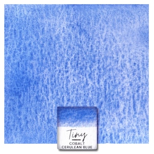 May include: A watercolor wash in a light blue shade with a gradient from a darker blue to a lighter blue. The wash is labeled "Tiny Cobalt Cerulean Blue".