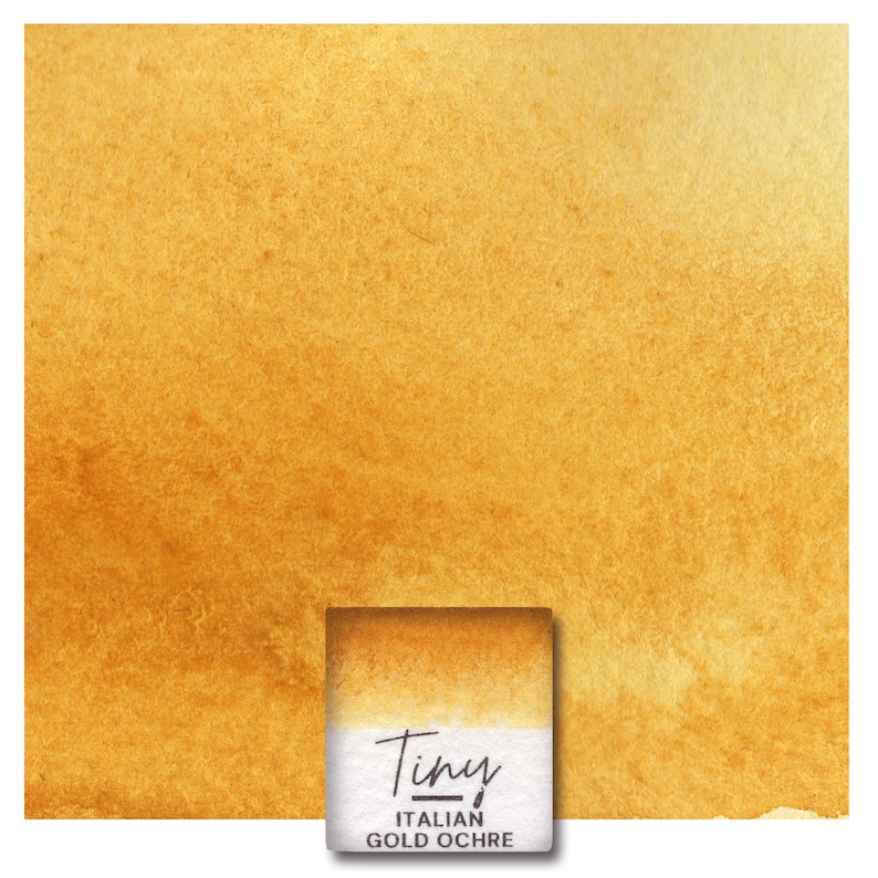 May include: A square of watercolor paper with a golden ochre wash. A small, rectangular watercolor paint block is in the lower center, with the text "Tiny ITALIAN GOLD OCHRE" on the label.