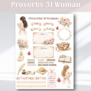 Puede incluir: Un kit imprimible de diario bíblico titulado "Proverbios 31 Mujer". El diseño presenta ilustraciones en acuarela de flores, cintas con palabras como "Fiel" y "Gracia", y indicaciones para el diario. La paleta de colores incluye rosas suaves, cremas y toques de rojo.