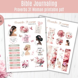 Puede incluir: Pegatinas digitales imprimibles con un tema de la mujer Proverbios 31. Las pegatinas incluyen diseños florales, mariposas y citas sobre una mujer que habla con sabiduría y teme al Señor. El texto "Proverbios 31 mujer" aparece en las pegatinas.