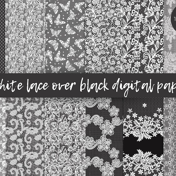 12 White lace papers, Lace backgrounds, Full lace digital paper, White lace on black background, simple lace paper