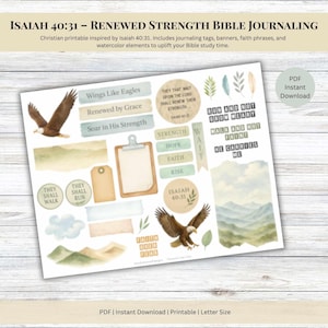 May include: A printable Bible journaling kit with watercolor elements. Includes tags, banners, and phrases inspired by Isaiah 40:31. Features eagle illustrations and text like "Wings Like Eagles" and "Renewed by Grace". PDF instant download.
