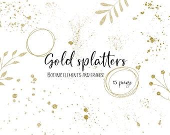 Glitter Splatter Clipart and Botanic Elements for Dazzling Designs Gold splatter elements, golden ink, digital elements for decoration