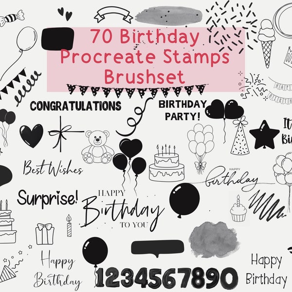 Procreate Birthday Stamps | Procreate Party stamps | Doodle stamps | Balloons, cakes, gifts | Stamp Brushset |