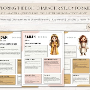 Op de afbeelding: Afdrukbare Bijbel-personage studiewerkbladen voor kinderen met Adam, Sara en Jezus. Elk werkblad bevat een kleurrijke illustratie, de betekenis van de naam, karaktereigenschappen, het belangrijkste Bijbelverhaal, belangrijke verzen, lessen om te leren en leuke weetjes. De werkbladen zijn ontworpen voor gebruik met de NIV-Bijbel.