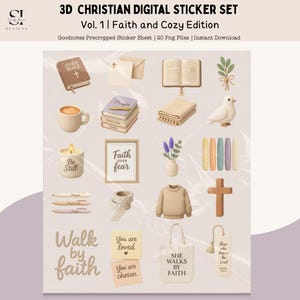 Puede incluir: Un conjunto de pegatinas digitales con un tema de fe y acogedor. La imagen presenta ilustraciones de una Biblia, una taza de café, libros, una paloma, una vela y una cita enmarcada que dice "Faith over fear". También se incluye el texto "Walk by faith".
