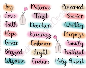 May include: A set of 18 colorful watercolor-style word art prints with inspirational words like Joy, Love, Faith, Hope, Grace, Patience, Trust, Devotion, Kindness, Embrace, Light, Endure, Redeemed, Savior, Worthy, Purpose, Family, Faithful, and Holy Spirit.