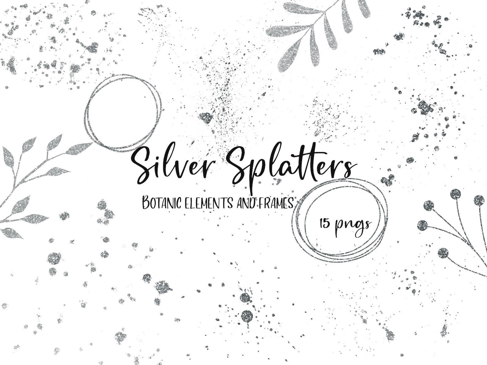 Silver Glitter Splatter Clipart Overlay, Silver Ink Splatter Clip Art