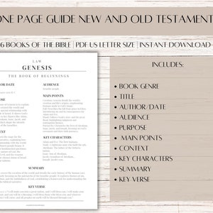 May include: A beige and white printable guide titled "One Page Guide New and Old Testament" with the text "66 Books of the Bible." The guide includes sections on Genesis, including author, audience, purpose, and key characters.
