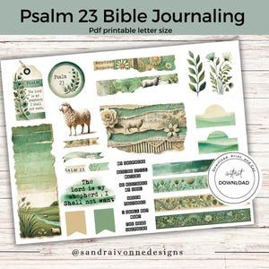 Pode incluir: Adesivos imprimíveis para o diário da Bíblia com versículos do Salmo 23, uma ovelha e folhagem verde. Os adesivos são projetados para uso em um diário ou planejador.