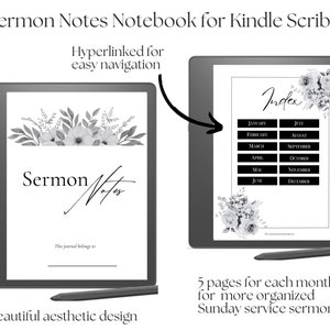 Könnte beinhalten: Ein Schwarzweißbild eines Kindle Scribe mit einem digitalen Notizbuch für Predigtnotizen. Das Notizbuch hat ein florales Design und den Text "Sermon Notes" und "Index". Der Text "Hyperlinked for easy navigation" und "5 pages for each month for more organised Sunday service sermons." ist ebenfalls sichtbar.