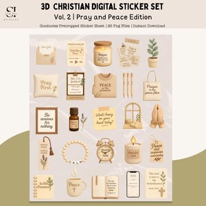 Könnte beinhalten: Ein digitales Sticker-Set mit christlichem Thema. Das Set enthält verschiedene Illustrationen wie eine Kerze, eine Kaffeetasse, ein Buch und ein Telefon. Der Text enthält Sätze wie "Zuerst beten", "Frieden" und "Glaube".