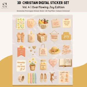 May include: A digital sticker set with a Christian theme, featuring illustrations of joy. Includes a coffee mug, fruit bowl, hands in prayer, a gift box, and a sun hat. The text includes "Choose Joy", "Joyful Always", and "Joy in Jesus".