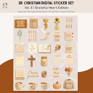 May include: A digital sticker set with a Christian theme. The set includes various illustrations such as a dove, cross, coffee cups, and a pumpkin. Text includes "Grateful Heart Edition", "Grateful hearts live here", and "Choose gratitude".