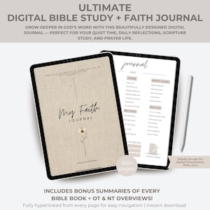 May include: Digital Bible study and faith journal displayed on two tablets. The journal features a beige cover with the text "My Faith Journal" and a floral illustration. The second tablet shows the journal's index and reading journey. The text "180+ pages" is also visible.
