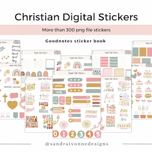 May include: A set of digital stickers for Goodnotes featuring a variety of Christian themes. The stickers are in a pastel color palette with pink, peach, and gold accents. The stickers include phrases like "Faith over everything", "Rooted in Christ", and "Pray more worry less".