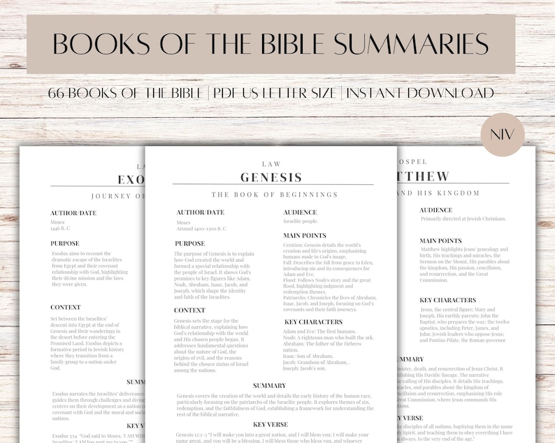 May include: A set of printable Bible summaries, featuring the text "BOOKS OF THE BIBLE SUMMARIES" at the top. The pages are white with black text, offering concise overviews of each book, including key verses and characters. The format is US Letter size.