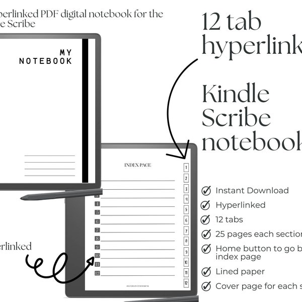 Kindle Scribe Digital Notebook, 12 tab notebook, Kindle Scribe Templates, Notebook, Hyperlinked PDF, Notebook for kindle scribe