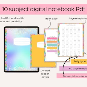 Digital Notebook 10 Tabs, Notebook for Students, Hyperlinked Student and College Notes, Bonus Sticker notebook , for iPad & Tablet