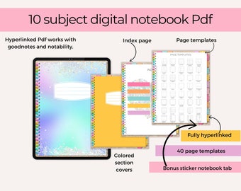 Digital Notebook 10 Tabs, Notebook for Students, Hyperlinked Student and College Notes, Bonus Sticker notebook , for iPad & Tablet
