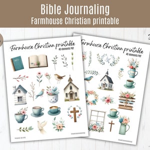 Kit de diario bíblico cristiano: pestañas florales y pegatinas de fe / Café, pájaros, casita para pájaros y libros / Kit de estudio bíblico imprimible cristiano