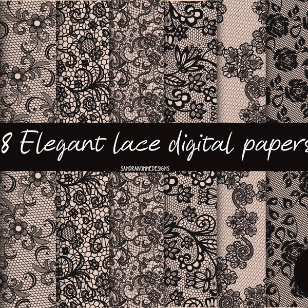 Shabby Chic lace papers, Lace backgrounds, Full lace digital paper, Black lace on beige background, simple lace paper,