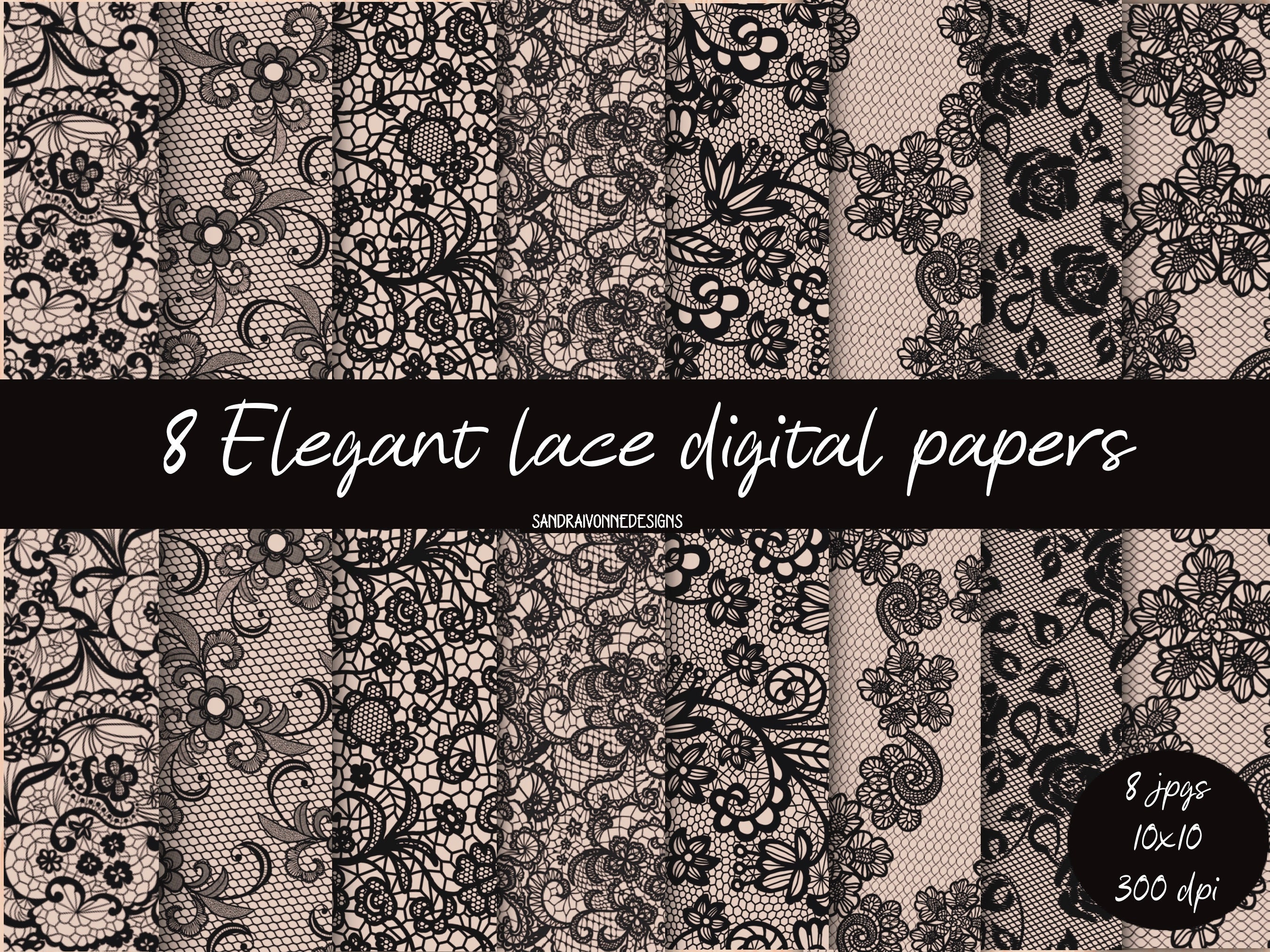 Shabby Chic kantpapier, kantachtergronden, volledig digitaal kantpapier, zwart kant op beige achtergrond, eenvoudig kantpapier,