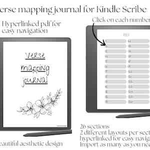 Puede incluir: Una imagen en blanco y negro de un lector electrónico Kindle Scribe con un lápiz. La pantalla muestra un diario digital con el texto "Verse mapping journal" y un índice con los números del 1 al 13. El texto "Haga clic en cada número" se muestra encima del índice. El texto "Hyperlinked pdf for easy navigation" se muestra encima del lector electrónico. El texto "Beautiful aesthetic design" se muestra debajo del lector electrónico. El texto "26 secciones, 2 diseños diferentes por sección, hipervinculados para una fácil navegación, Importe tantos como necesite." se muestra debajo del lector electrónico.