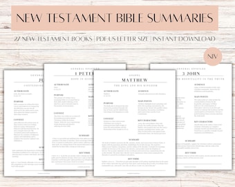 Może przedstawiać: Zestaw do wydrukowania streszczeń Nowego Testamentu Biblii w czarno-białym tekście na białym tle. Streszczenia obejmują tytuł książki, autora, datę, cel, kontekst, główne punkty, kluczowe postacie, podsumowanie i kluczowy werset. Tekst jest w prostym, łatwym do odczytania kroju pisma.