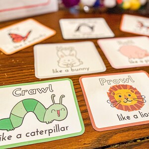 Bewegingskaarten voor peuters voor grove motoriek en creatief open spel | Op spelen gebaseerde homeschool-printables voor peuters en kleuters