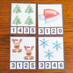 Cartoline natalizie con clip per carte di conteggio stampabili per le vacanze prescolari/homeschool per l'inverno