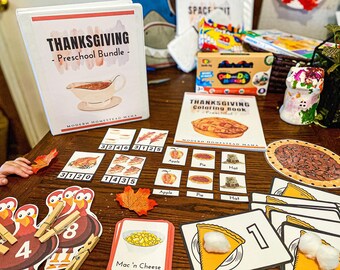 Thanksgiving Printable Bundle for Preschoolers | Homeschool Pre-K Worksheets, Coloring Book, Printable Games etc.